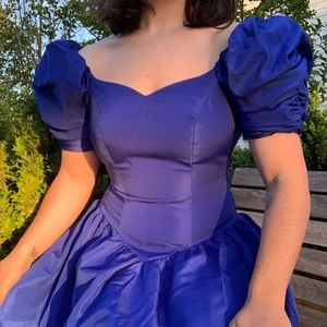Vintage 80s Blue Puff Sleeve Sweetheart Dress S/M